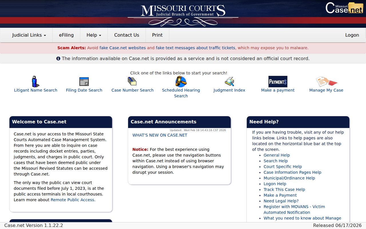 Missouri Case.net screen used for Clark County court case lookup